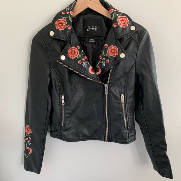 Streetwear Society Jackets & Blazers - Embroidered Faux Leather Biker Jacket